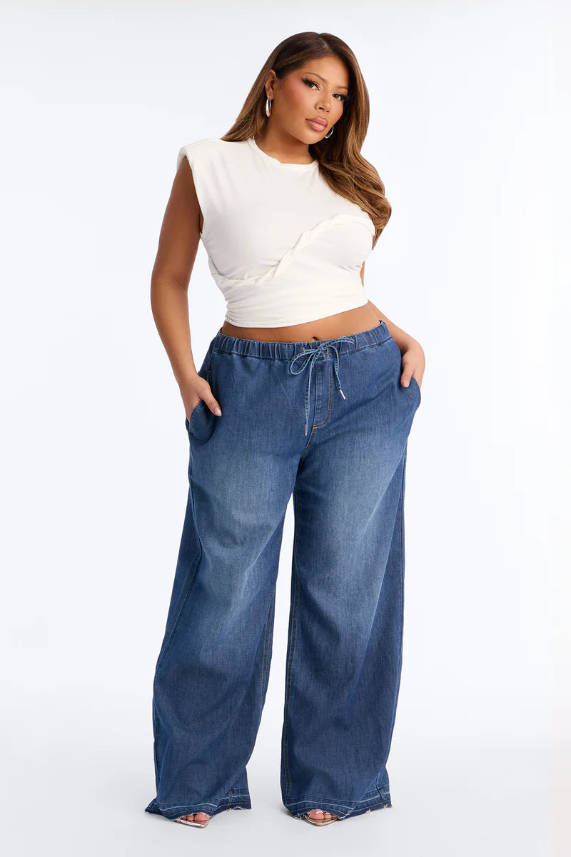 Marina Stretch Crosshatch Tie Waist Jeans - Medium Wash