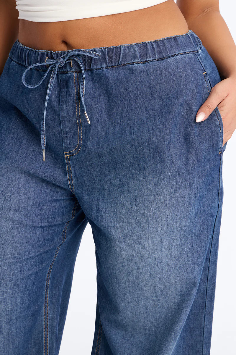 Marina Stretch Crosshatch Tie Waist Jeans - Medium Wash