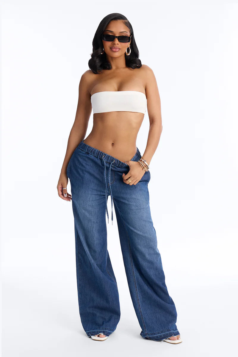 Marina Stretch Crosshatch Tie Waist Jeans - Medium Wash