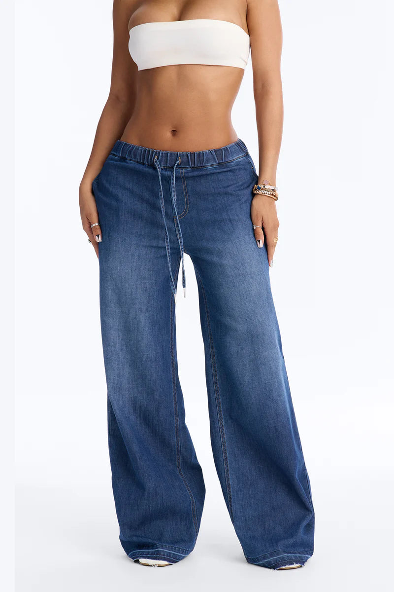 Marina Stretch Crosshatch Tie Waist Jeans - Medium Wash