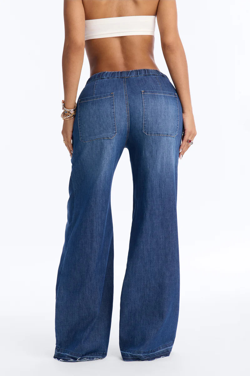 Marina Stretch Crosshatch Tie Waist Jeans - Medium Wash