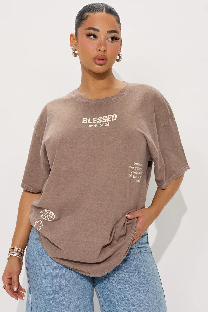 Stay Blessed Washed Oversized Tee - Brown