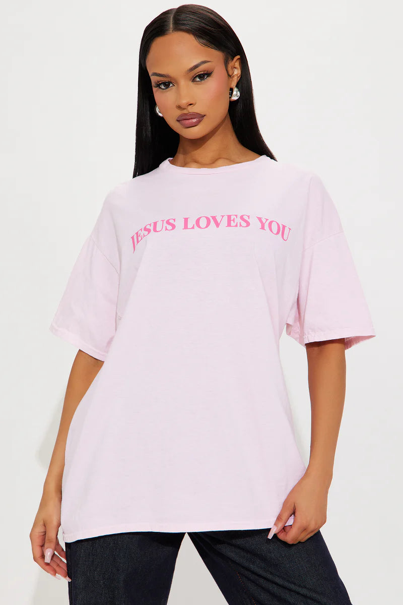 Jesus Loves You Washed Oversized Tee - Pink