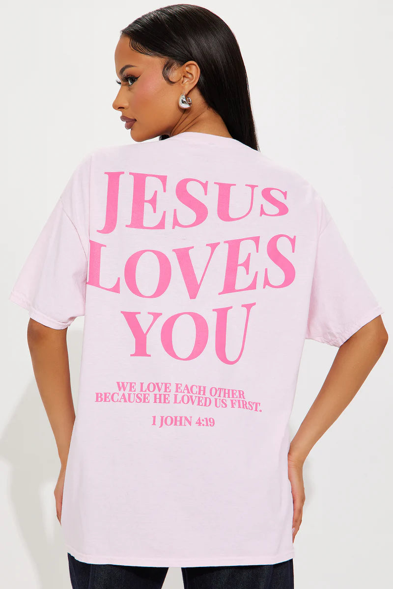 Jesus Loves You Washed Oversized Tee - Pink
