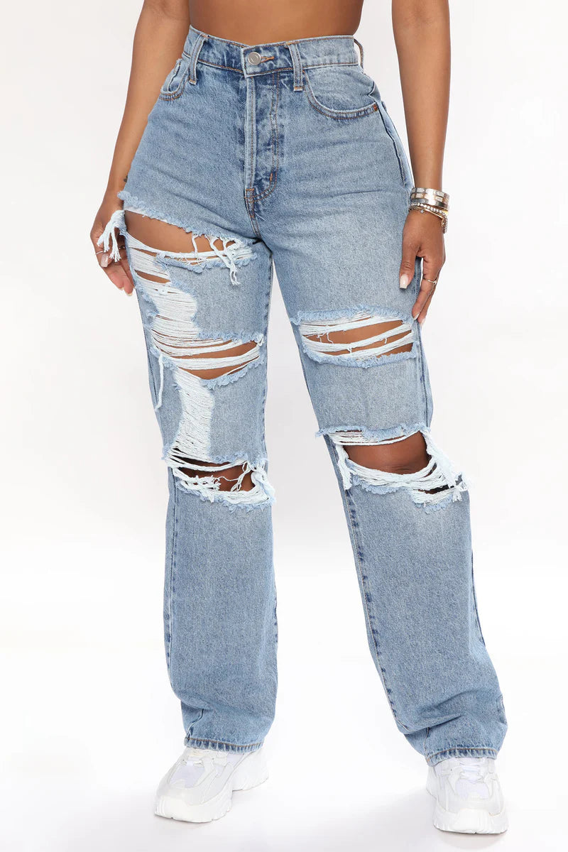 Seeking Thrills Shredded Straight Leg Jeans - Medium Wash