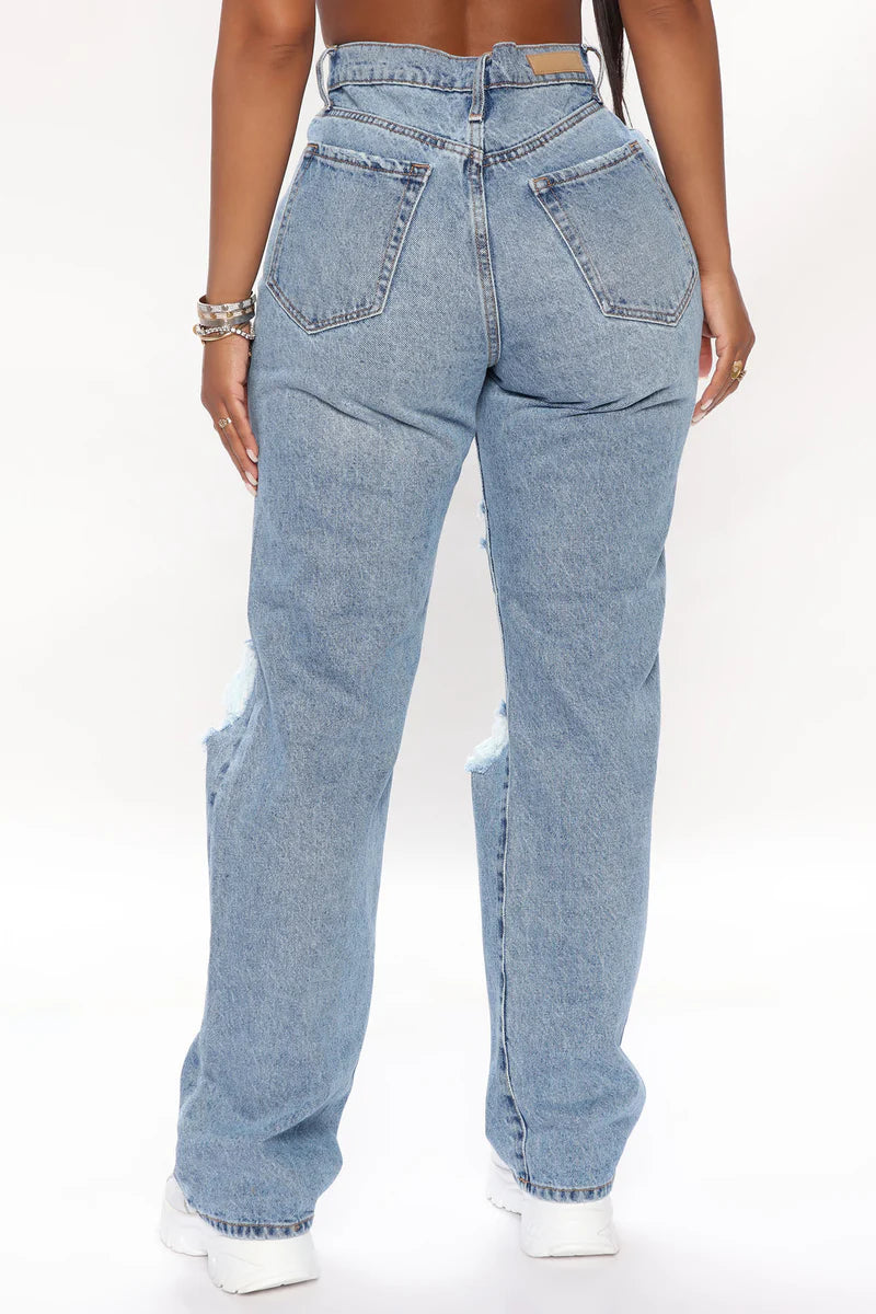 Seeking Thrills Shredded Straight Leg Jeans - Medium Wash