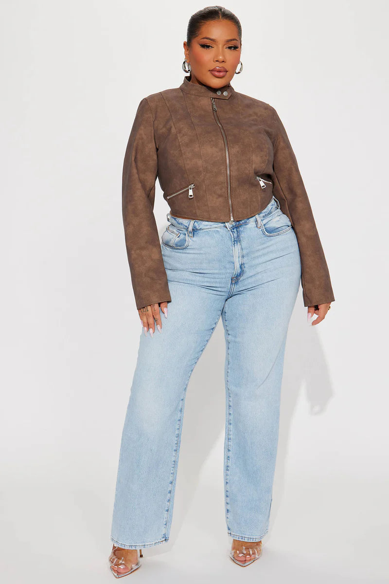 A Desert Babe Washed Faux Leather Moto - Brown