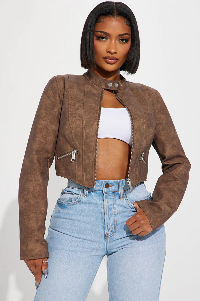 A Desert Babe Washed Faux Leather Moto - Brown