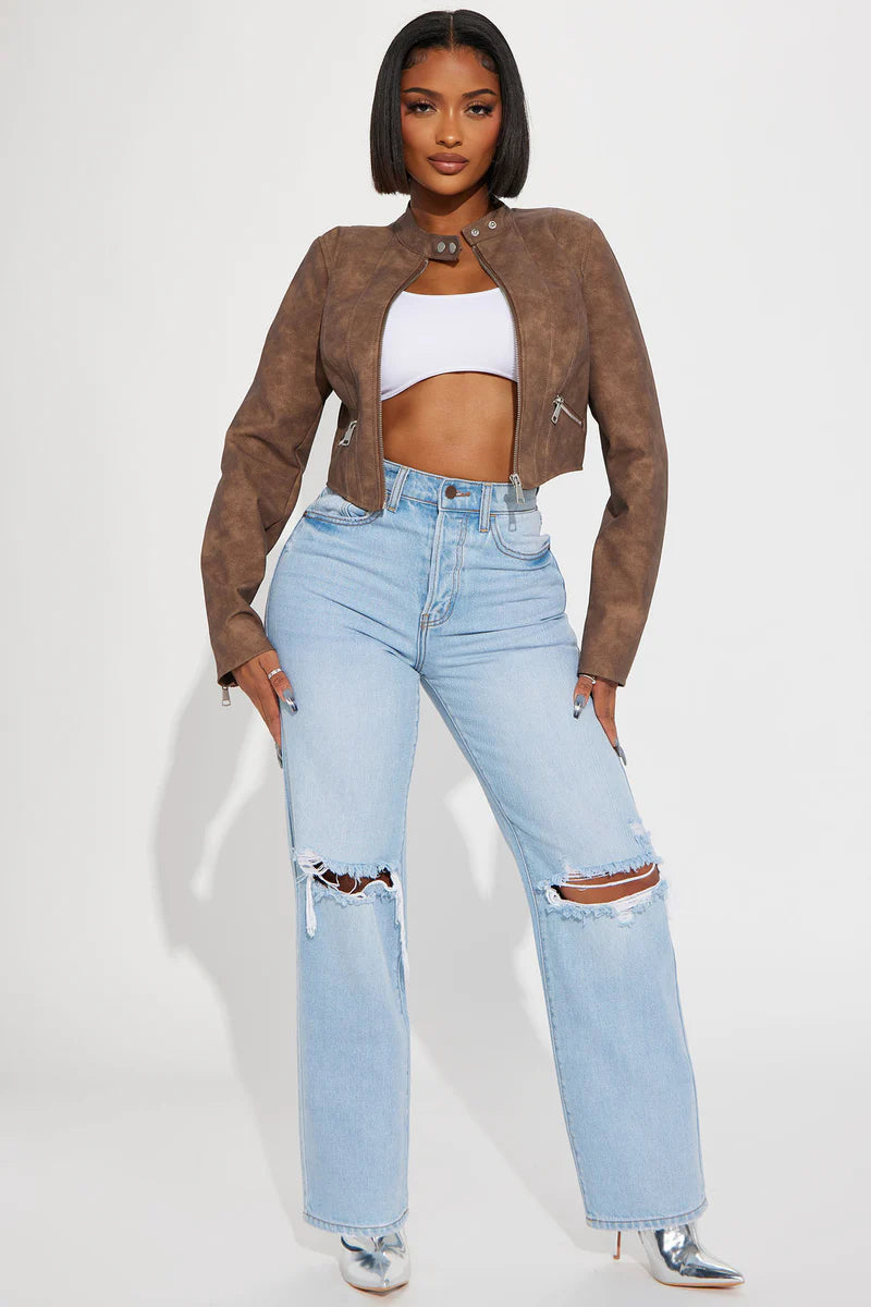 A Desert Babe Washed Faux Leather Moto - Brown