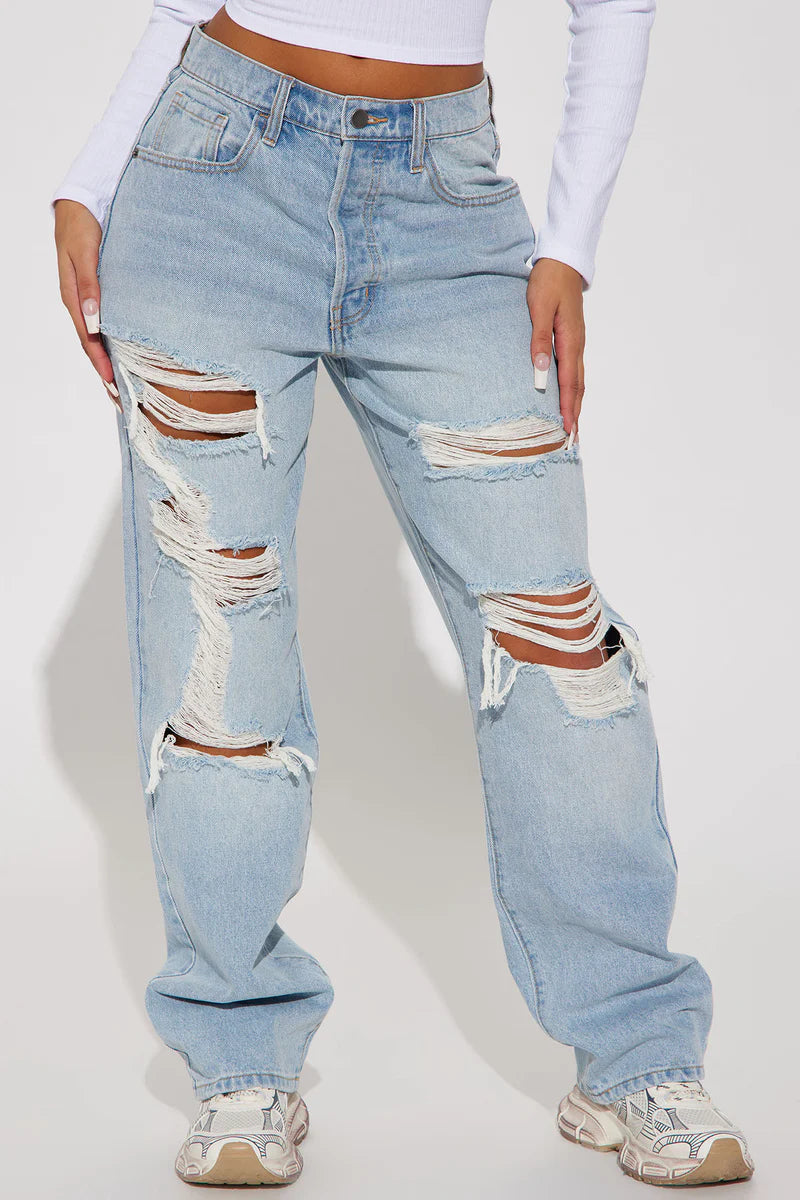 Seeking Thrills Shredded Straight Leg Jeans - Light Wash