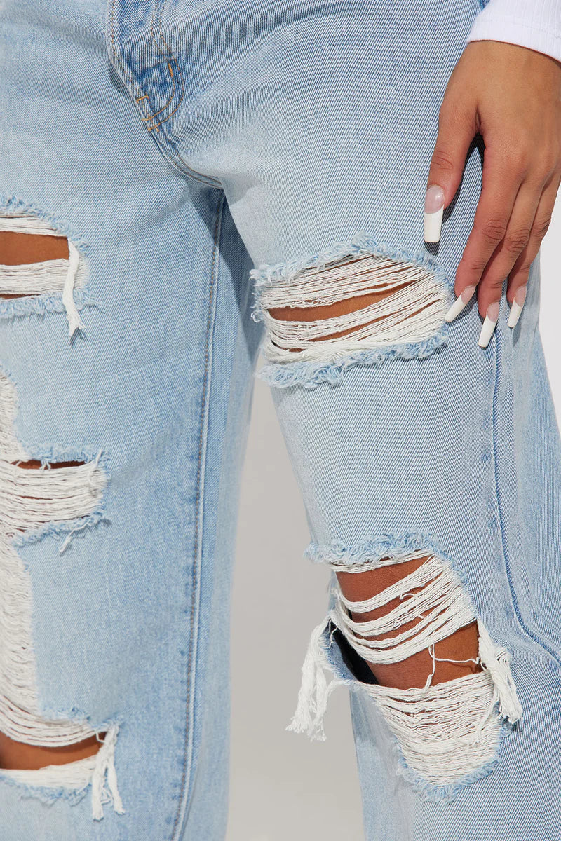Seeking Thrills Shredded Straight Leg Jeans - Light Wash
