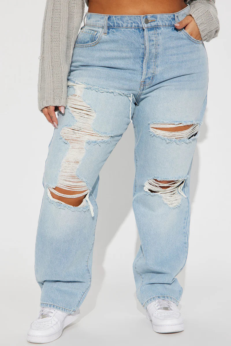 Seeking Thrills Shredded Straight Leg Jeans - Light Wash