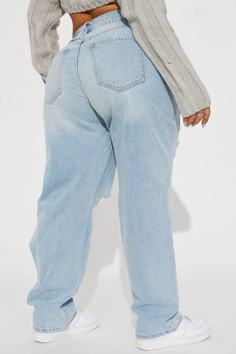 Seeking Thrills Shredded Straight Leg Jeans - Light Wash