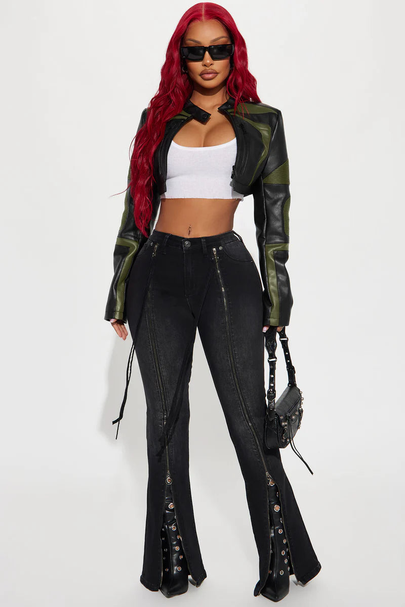 Not Like The Rest Faux Leather Moto Jacket - Olive/combo