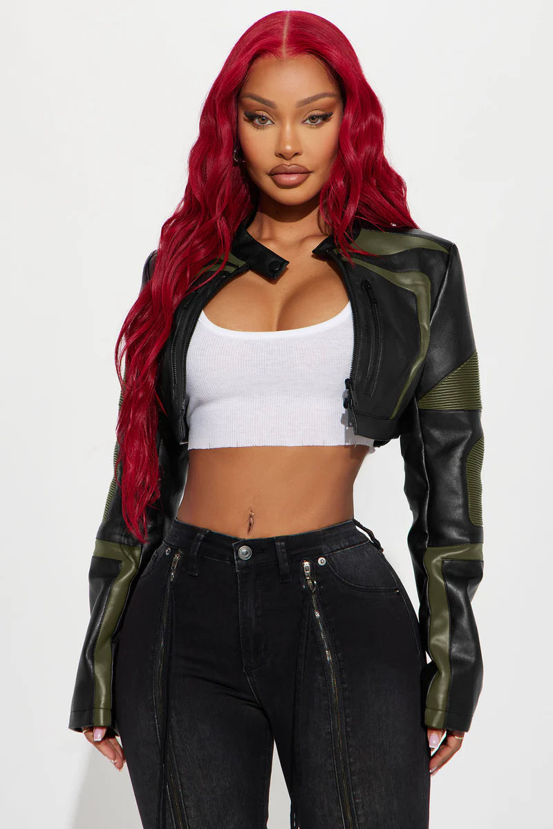 Not Like The Rest Faux Leather Moto Jacket - Olive/combo