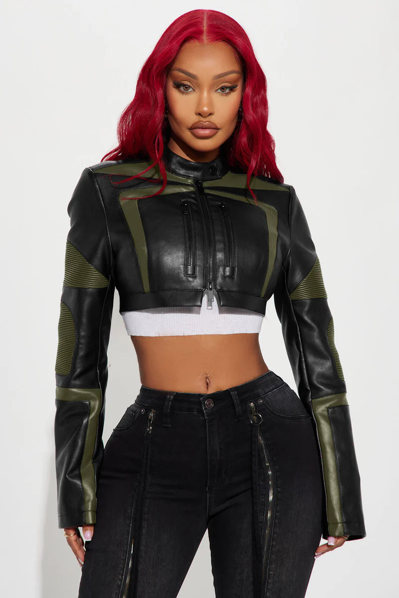 Not Like The Rest Faux Leather Moto Jacket - Olive/combo
