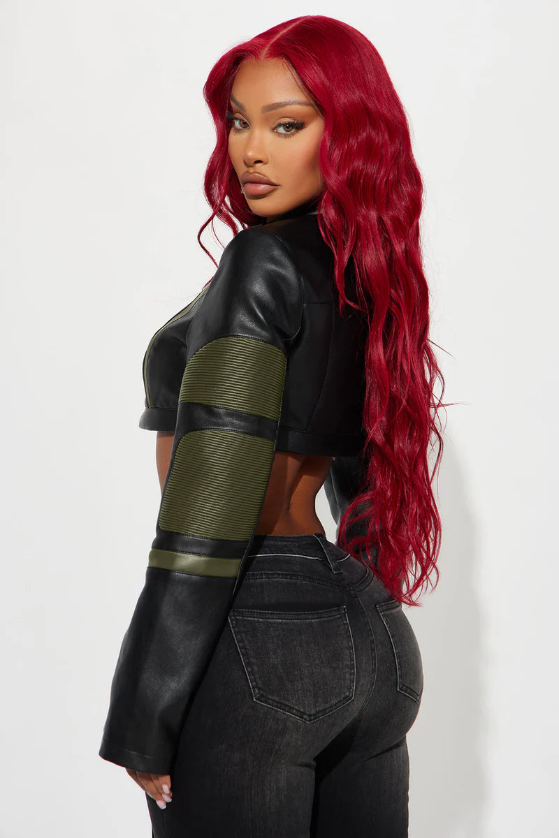 Not Like The Rest Faux Leather Moto Jacket - Olive/combo