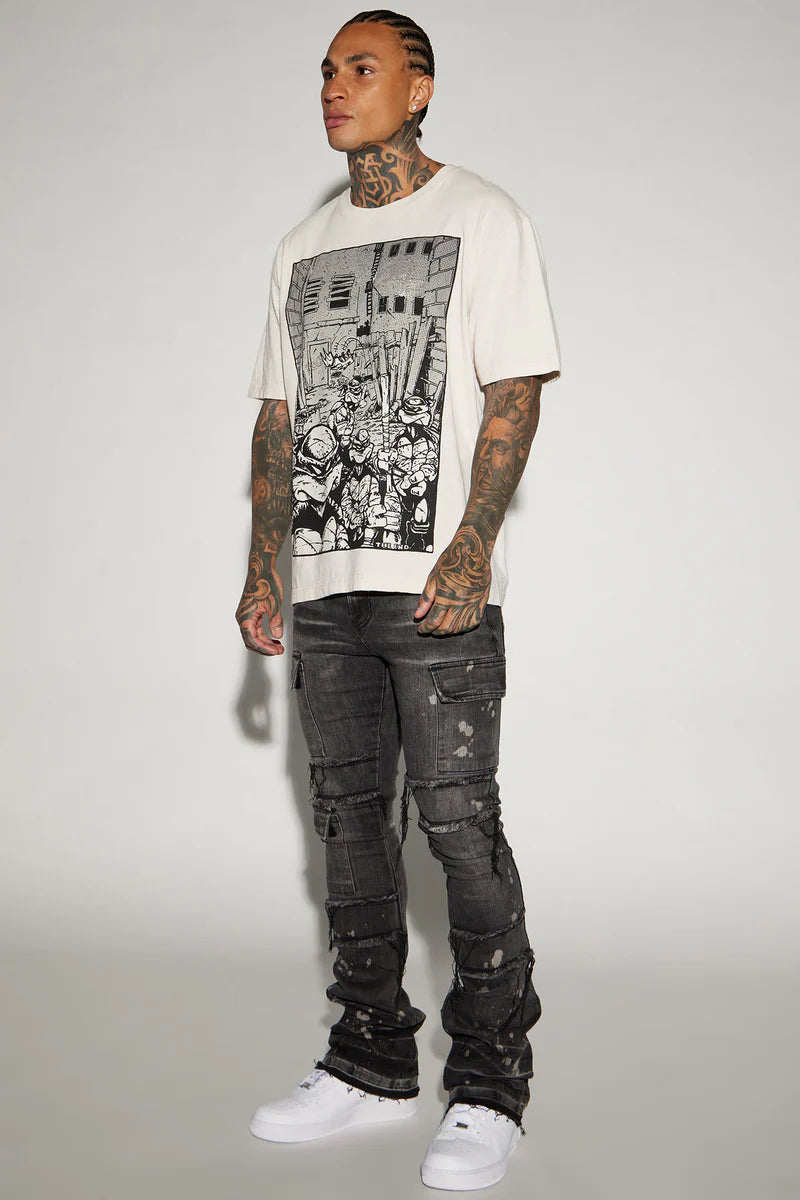 Side Snap Cargo Stacked Skinny Flare Jeans - Black Wash
