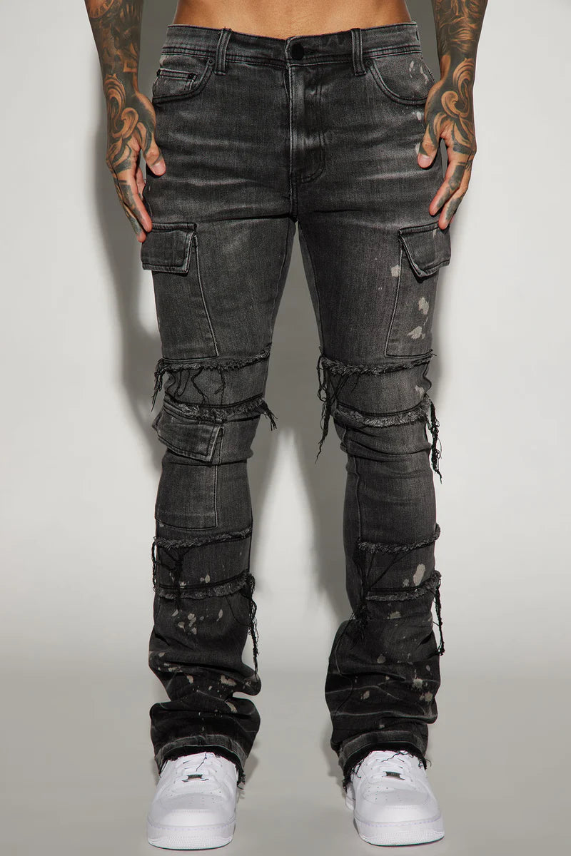 Side Snap Cargo Stacked Skinny Flare Jeans - Black Wash