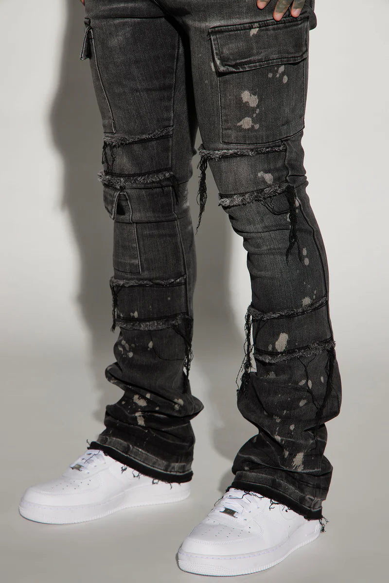 Side Snap Cargo Stacked Skinny Flare Jeans - Black Wash