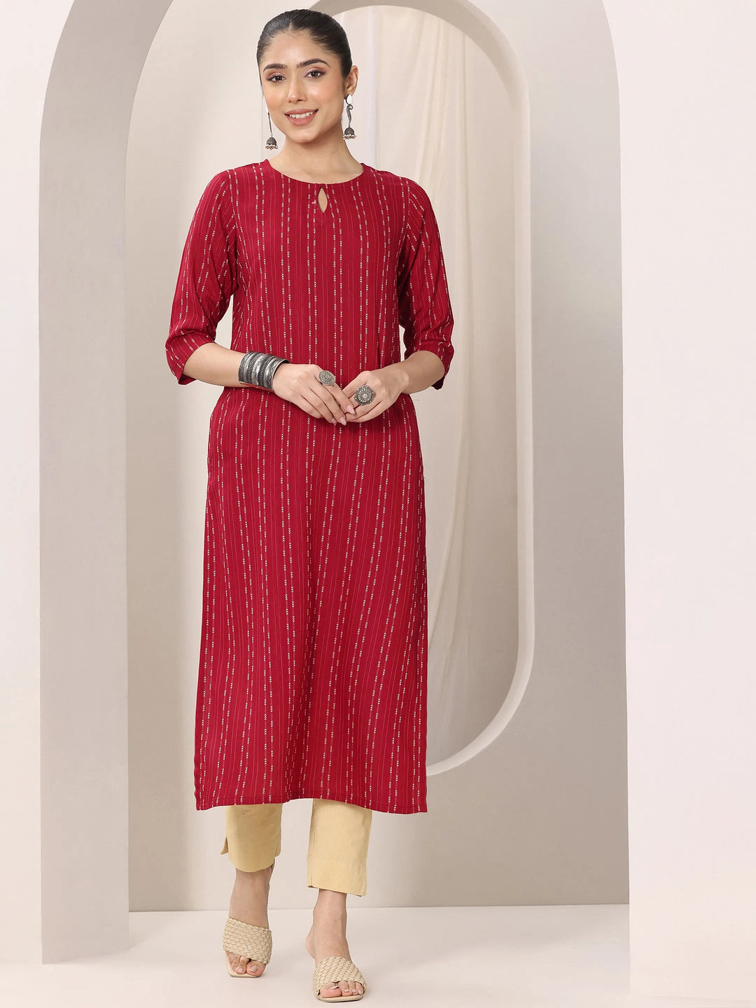 Red Woven Design Rayon Straight Kurta