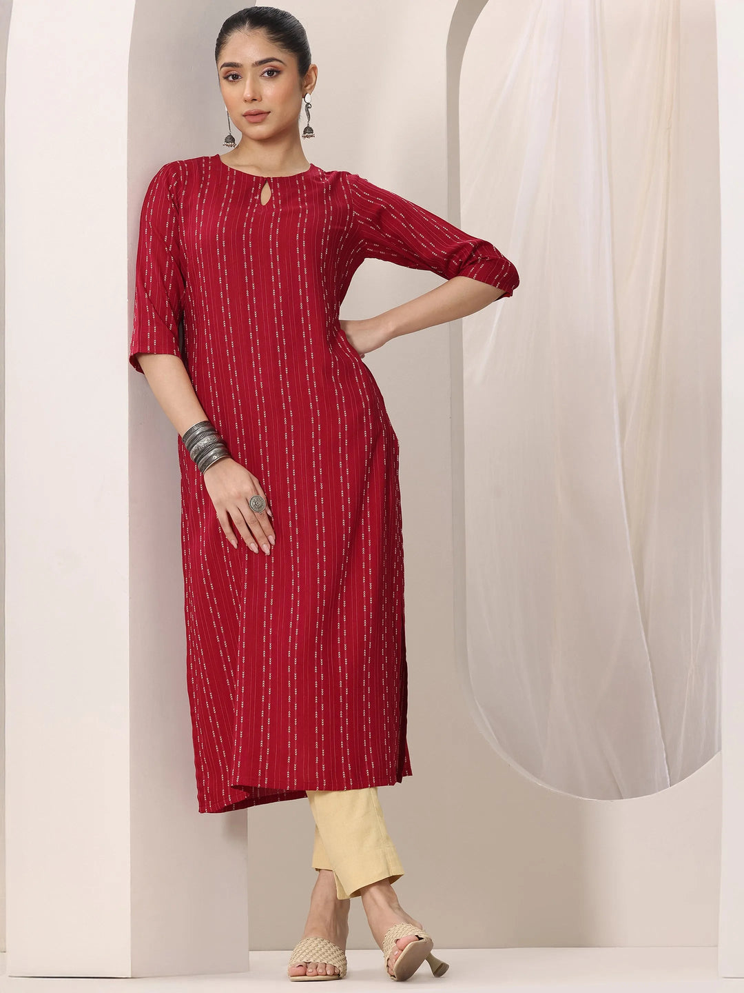 Red Woven Design Rayon Straight Kurta
