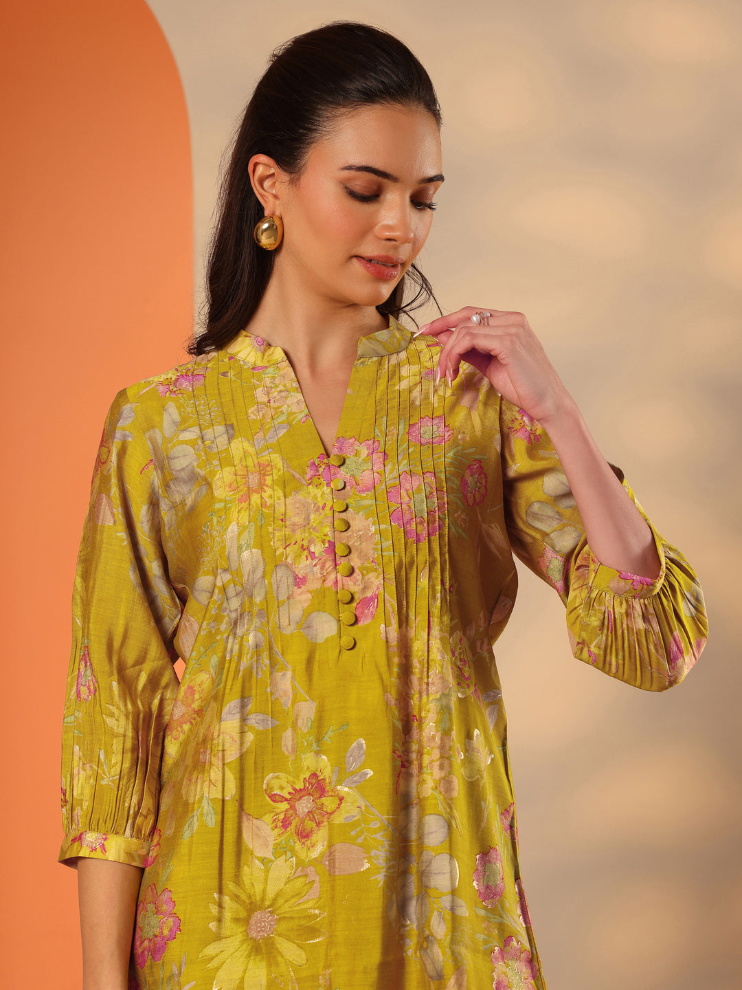Green Printed Silk Blend Straight Short Kurti