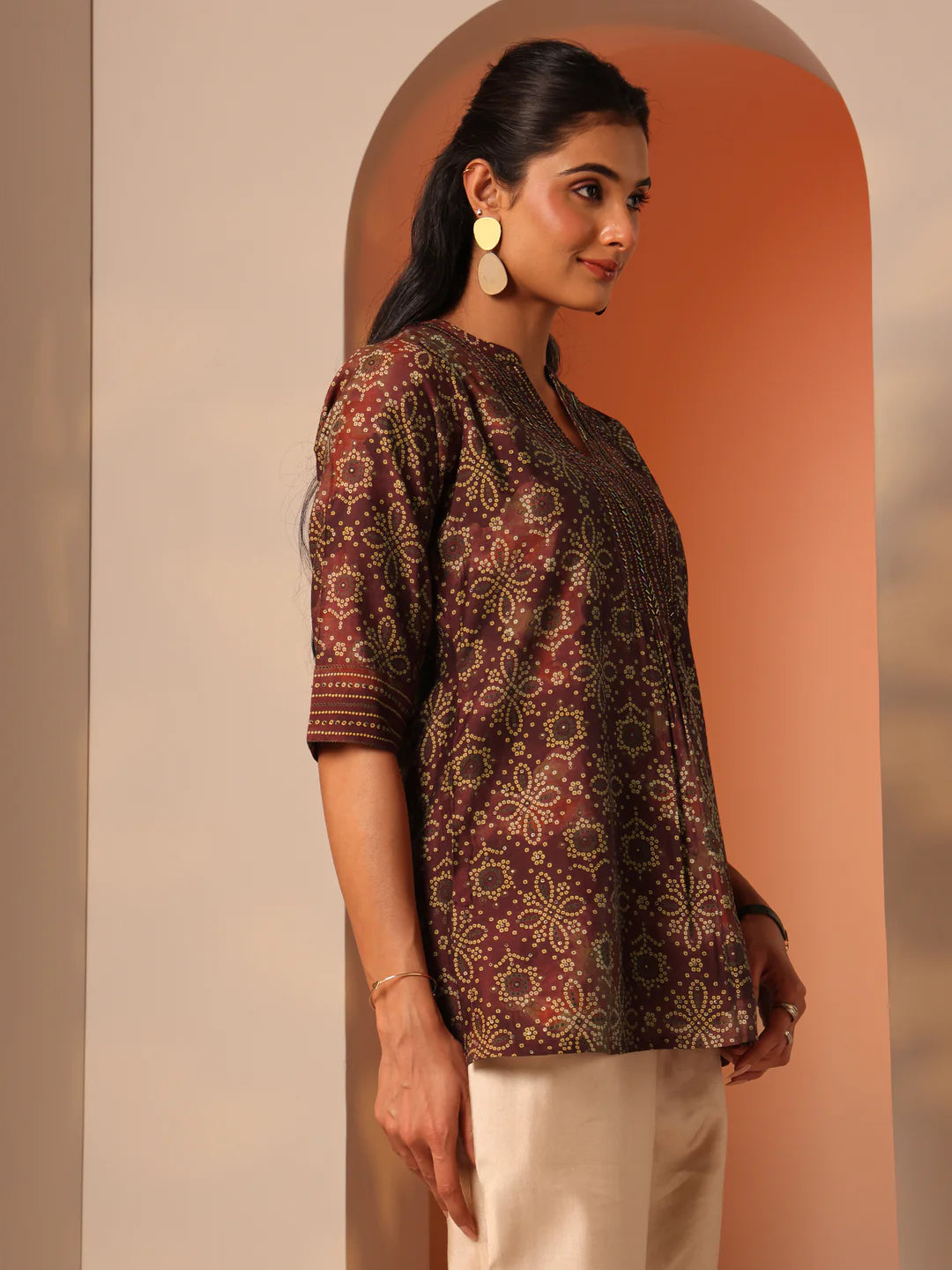 Maroon Printed Silk Blend Straight Short Kurti