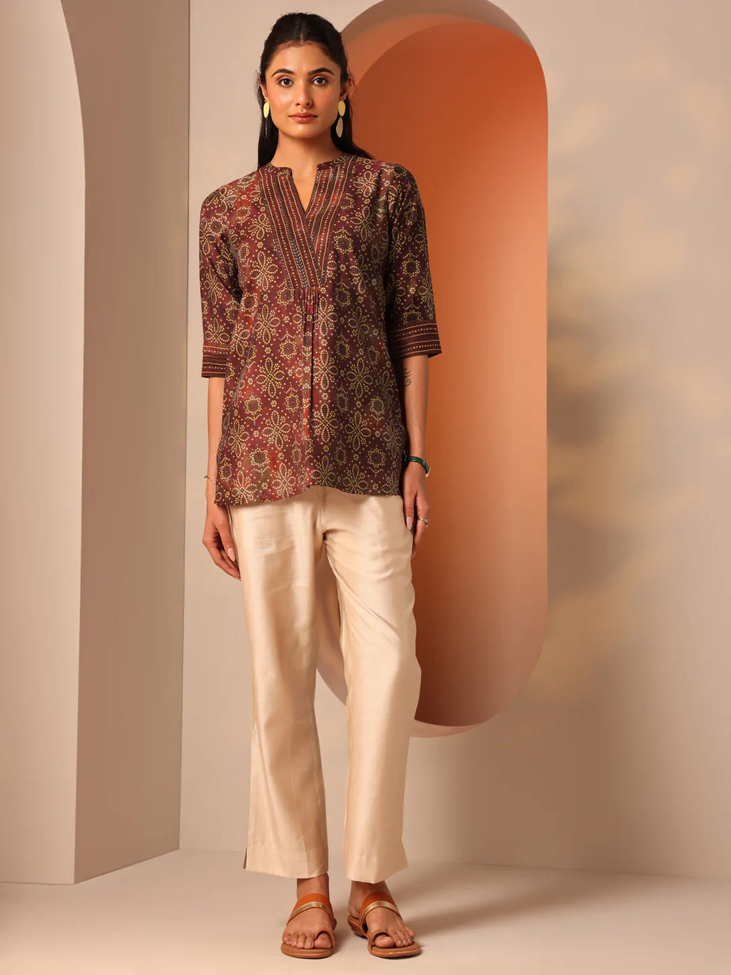 Maroon Printed Silk Blend Straight Short Kurti