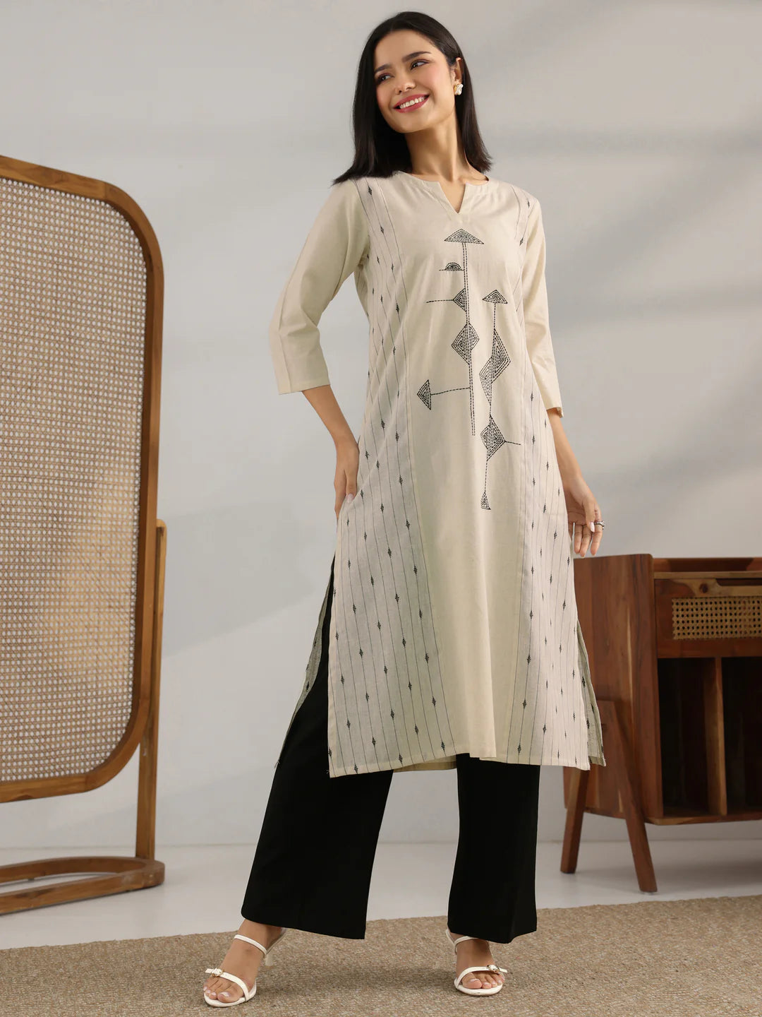 Off White Embroidered Cotton Blend Straight Kurta
