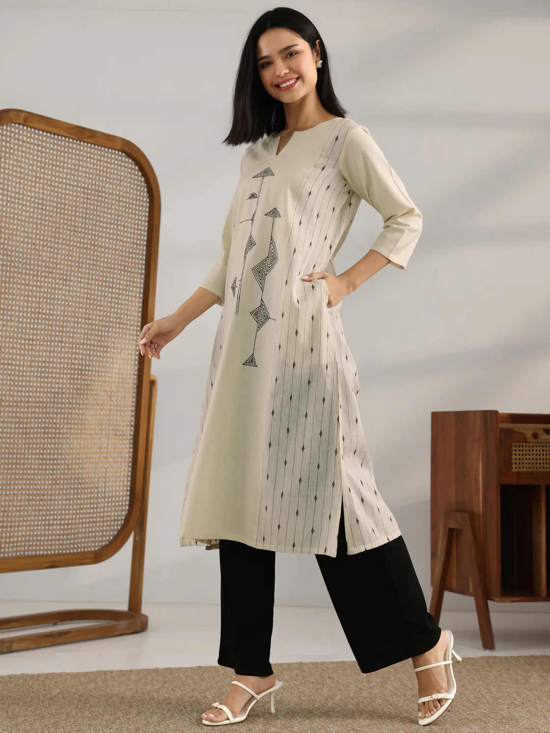 Off White Embroidered Cotton Blend Straight Kurta