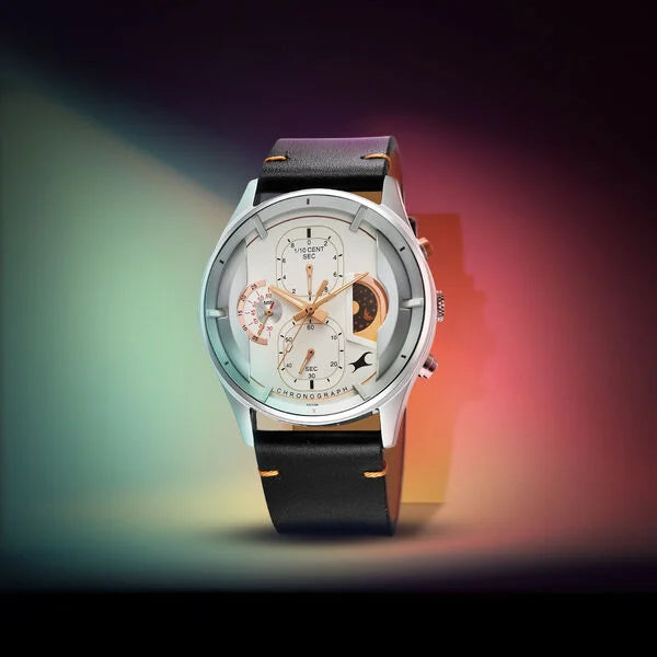 Fastrack Opulence Sun Moon Chronograph Silver Dial Black Leather Strap Analog Quartz Watch For Guys