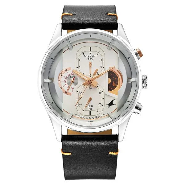Fastrack Opulence Sun Moon Chronograph Silver Dial Black Leather Strap Analog Quartz Watch For Guys