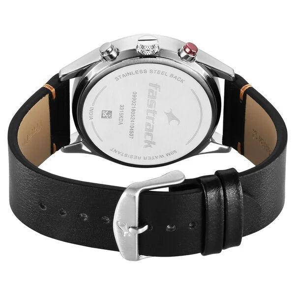 Fastrack Opulence Sun Moon Chronograph Silver Dial Black Leather Strap Analog Quartz Watch For Guys