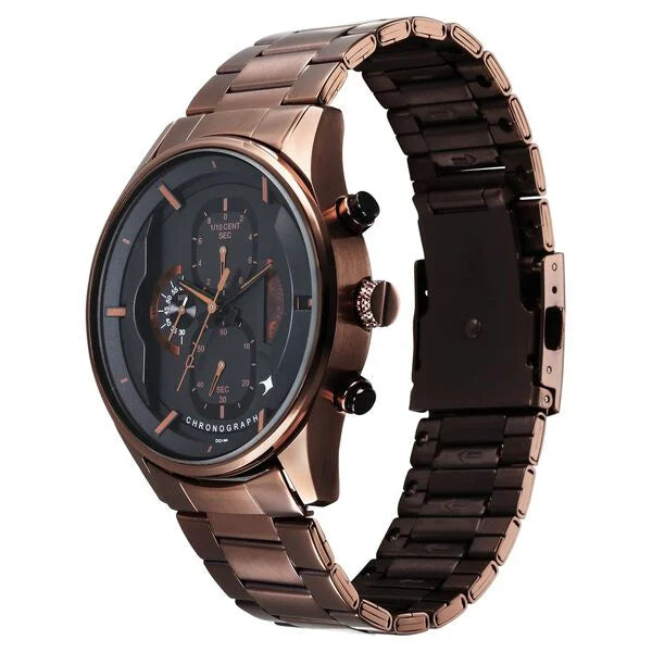 Fastrack Opulence Sun Moon Chronograph Black Dial Brown Metal Strap Analog Quartz Watch For Guys