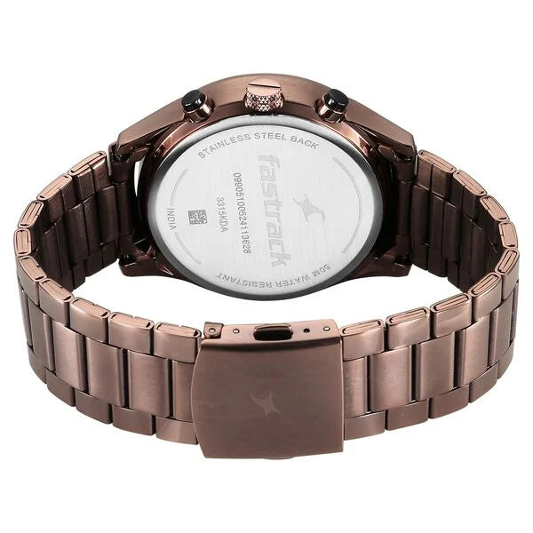 Fastrack Opulence Sun Moon Chronograph Black Dial Brown Metal Strap Analog Quartz Watch For Guys