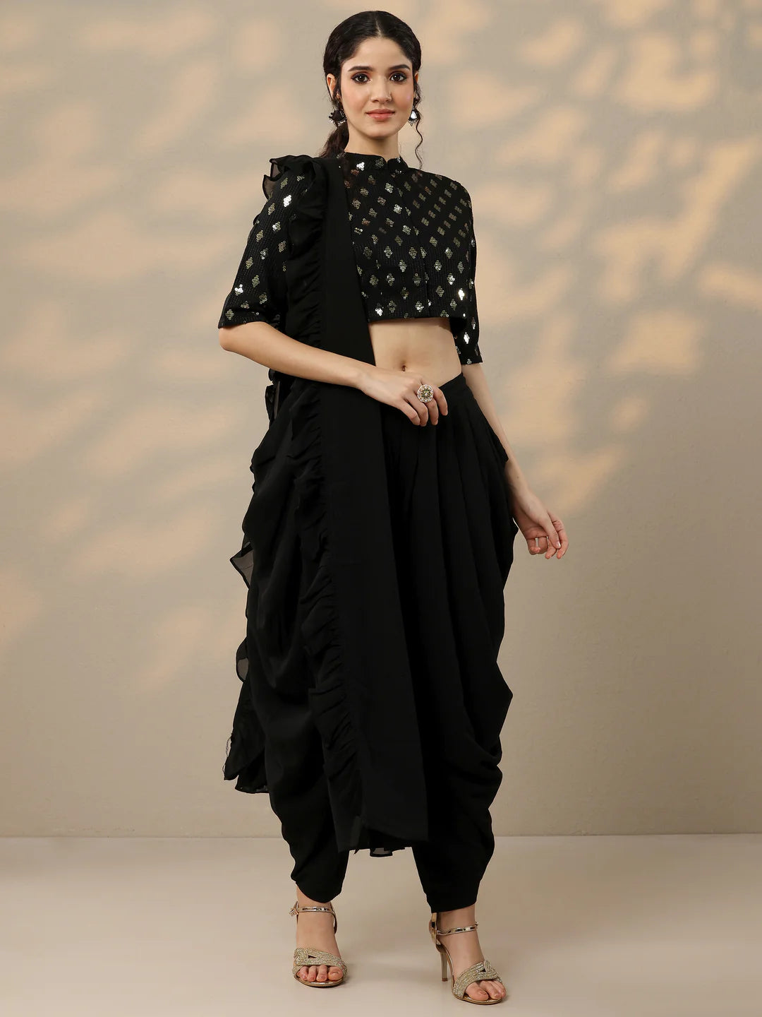 Black Embellished Georgette Dhoti Saree