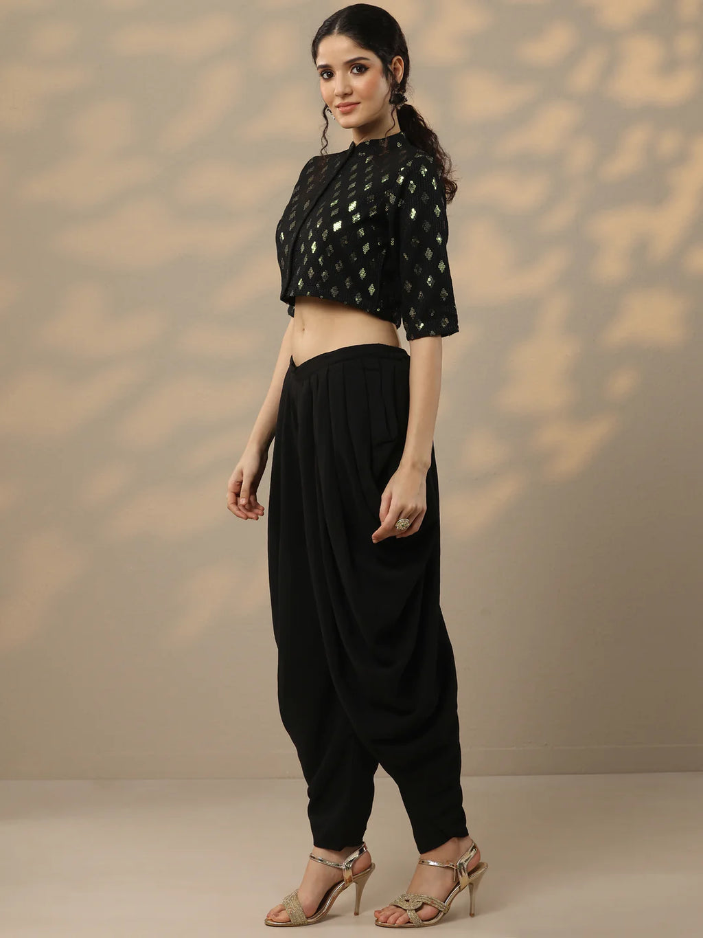 Black Embellished Georgette Dhoti Saree