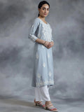 Stone Blue Embroidered Rayon Straight Kurta
