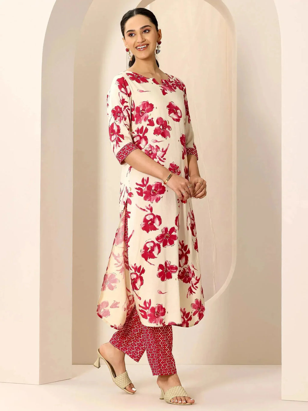 Red Printed Viscose Rayon Straight Kurta Set