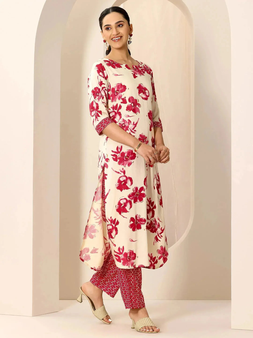 Red Printed Viscose Rayon Straight Kurta Set