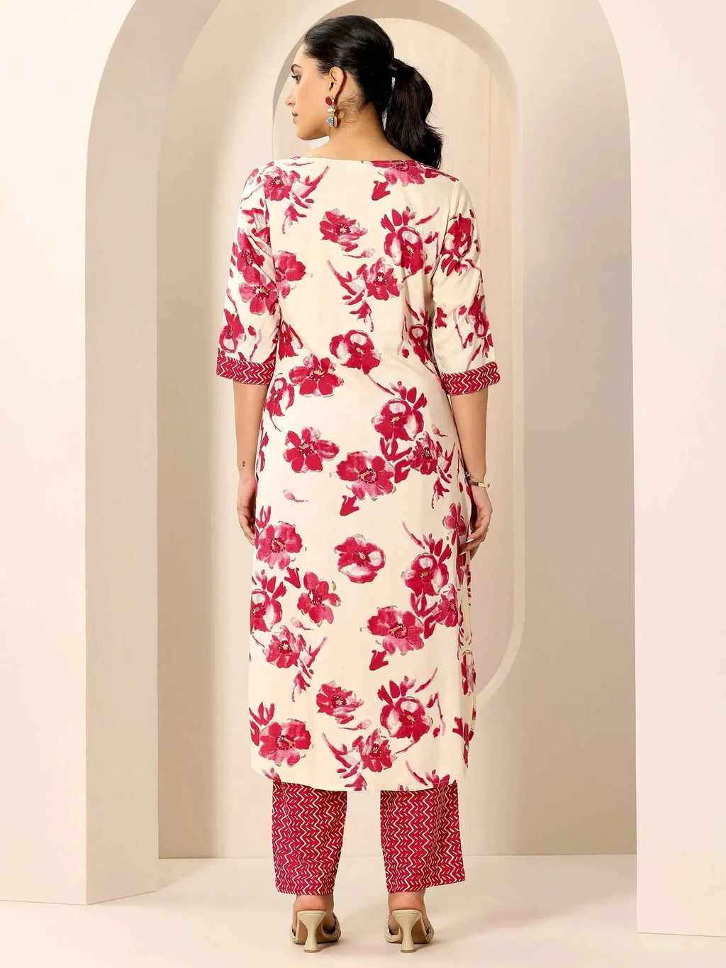 Red Printed Viscose Rayon Straight Kurta Set
