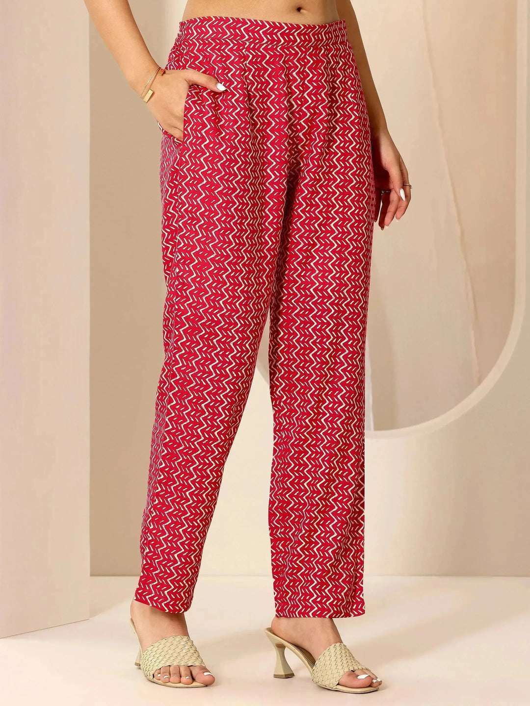 Red Printed Viscose Rayon Straight Kurta Set
