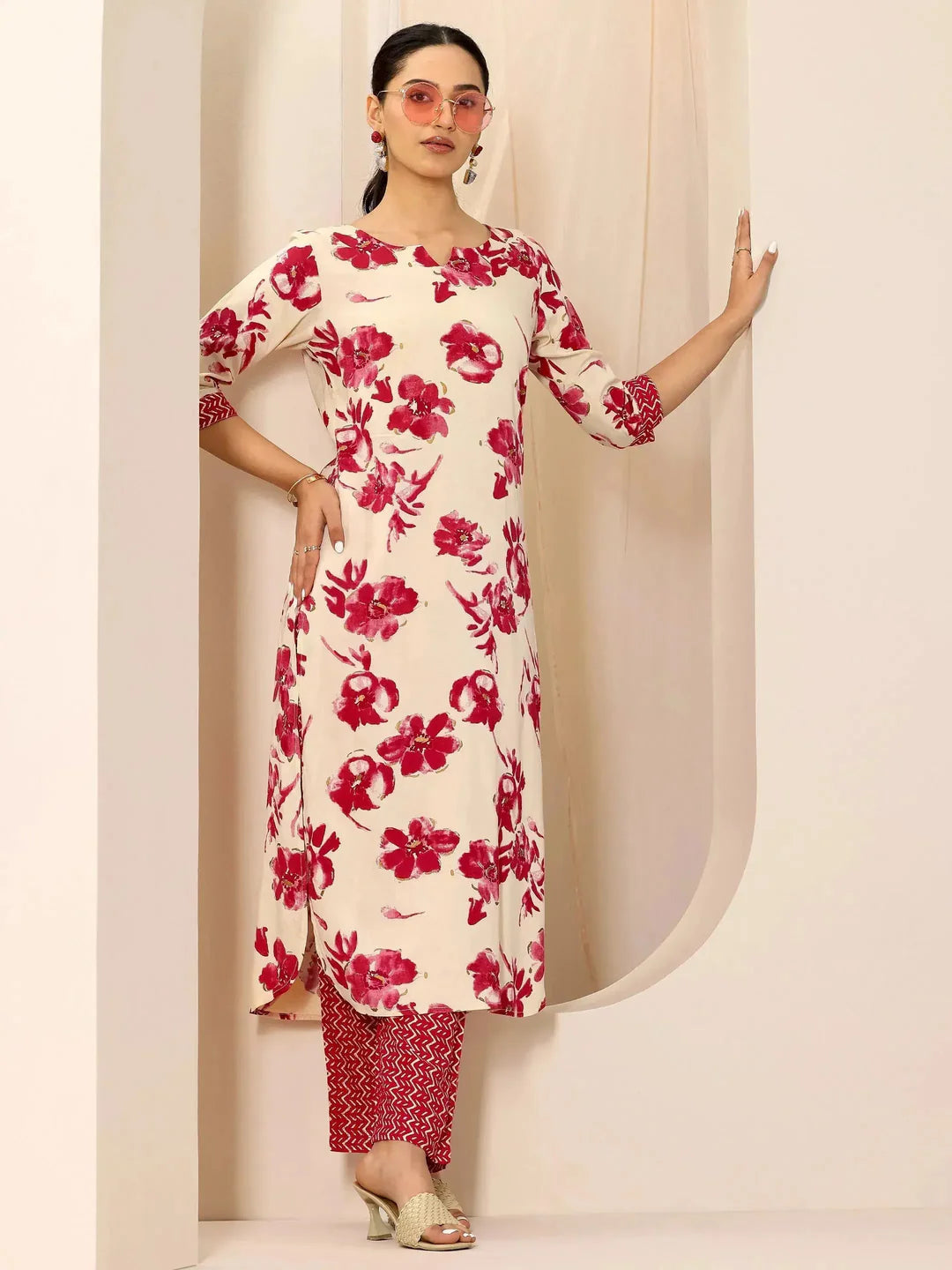 Red Printed Viscose Rayon Straight Kurta Set