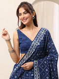 Indigo Printed Cotton Saree With Unstitched Blouse Piece